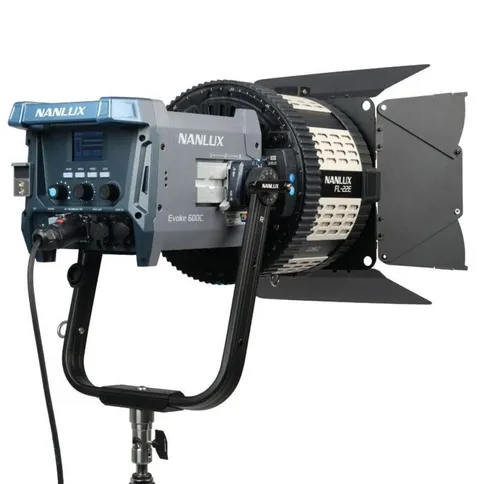 Nanlux_FL-22E_Fresnel_Lens_On_Evoke_600C_Back_View_With_Barndoors.jpg